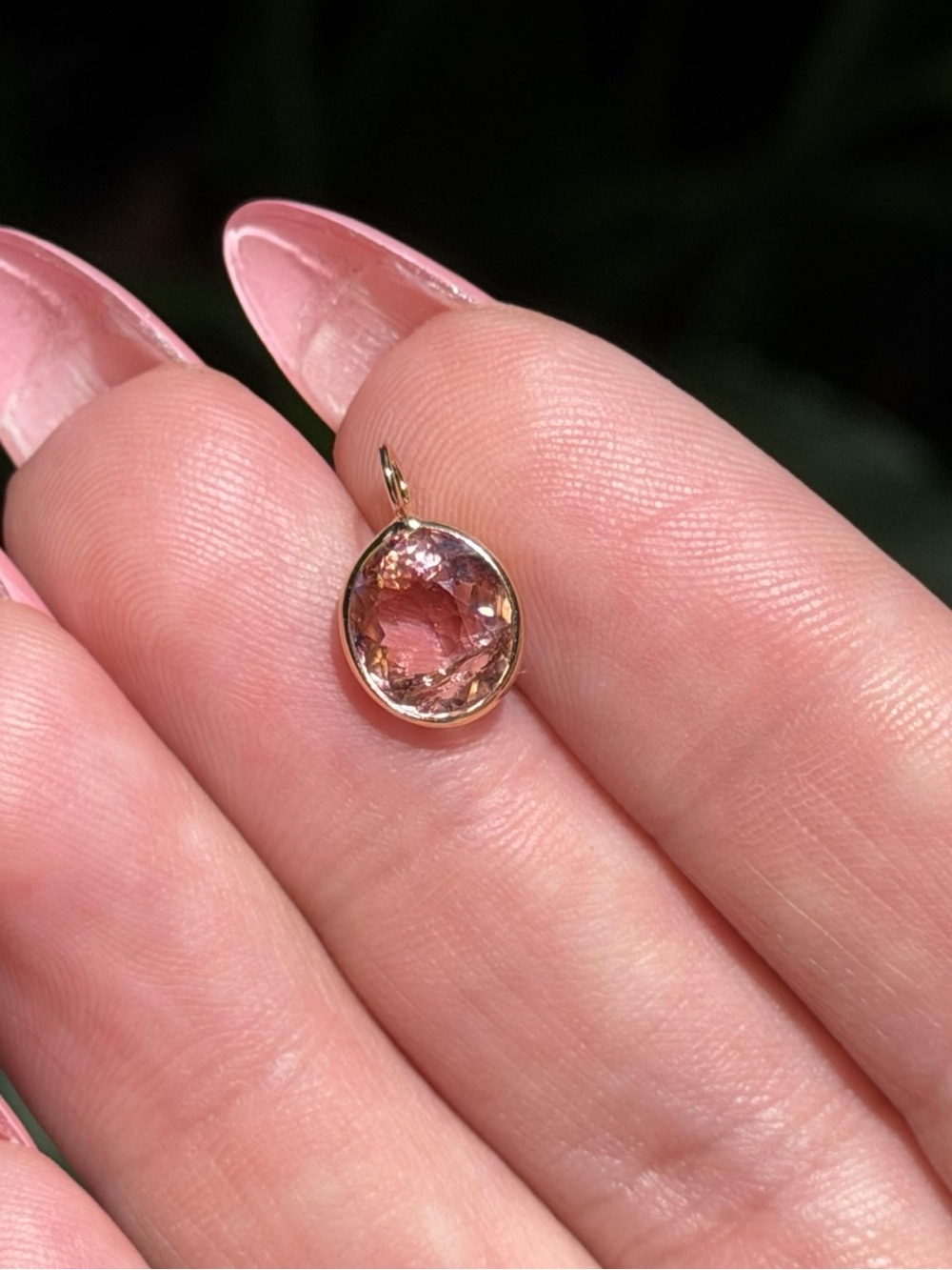 14K Real Solid Yellow Gold Light Pink Tourmaline Charm Pendant 13x8mm